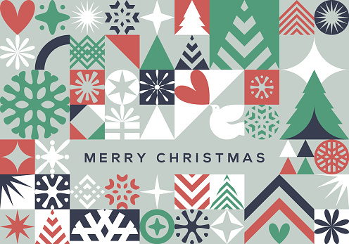 Seamless grey, white, red and green retro Bauhaus Christmas design background vector pattern illustration for use on Christmas cards and wrapping paper designs.