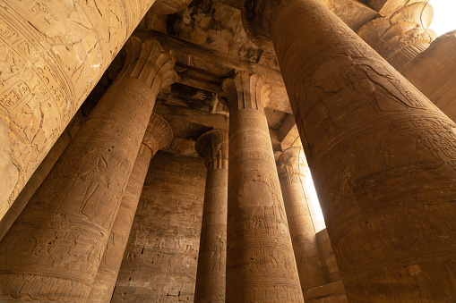 Columns of the temple of Horus in Edfu, Egypt. Esna and Aswan in Egypt.