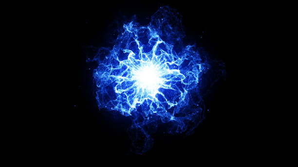 istock Ball lightning on a black background. Blue digital energy dark background. A glowing plasma clot of electricity. 2147684473