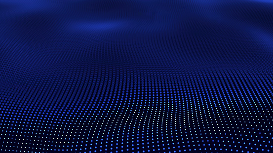 Abstract Blur point waves oscillation. Abstract glowing digital cyber wave made of particles and dots moves on a blue background. Blue digital waves with light reflections dark blue background.
