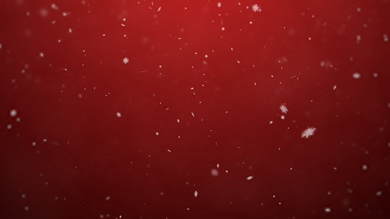 White snowflakes on a red background seamless looped. Snowfall, snowstorm, realistic snow falls chaotically from top to bottom. Abstract festive gradient New Year, Christmas background. 8k wallpaper 4k screensaver. 2k resolution.