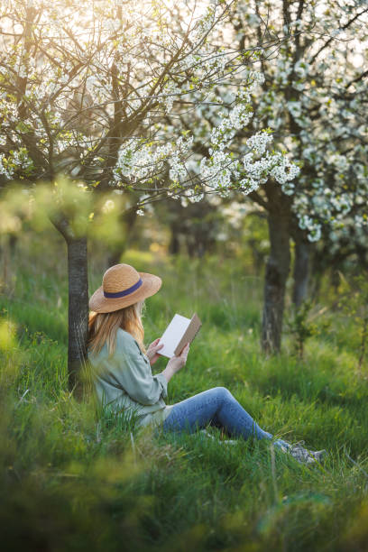 istock Woman is reading in her notebook diary and relaxing under blooming cherry tree in spring orchard 2147684647