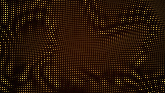 Liquid gold gold background consisting of dots. Plastic abstract texture of golden color. Golden rich luxury shapeless, chaotically moving yellow metal digital chain mail brown background, dark.