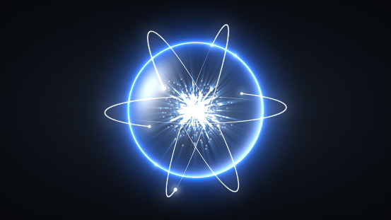 Animation of a 3d model of a blue neon atom on a black background. Molecules of luminous particles rotate around a light ball of a sphere. Physics chemistry abstract dark background. Blue neon sphere. 8k wallpaper 4k screensaver.