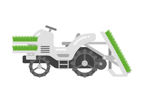 Illustration of a rice transplanter loaded with seedlings.