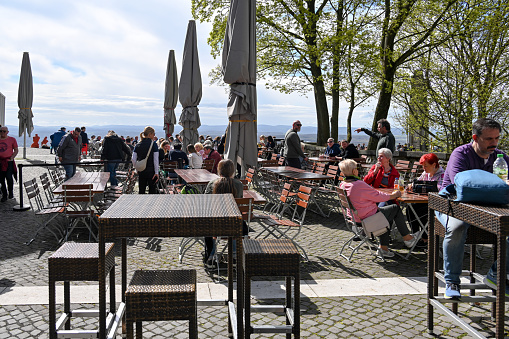 Remagen, Germany, March 31, 2024 - Terrace of the Drachenfels restaurants near Bonn seen from outside.