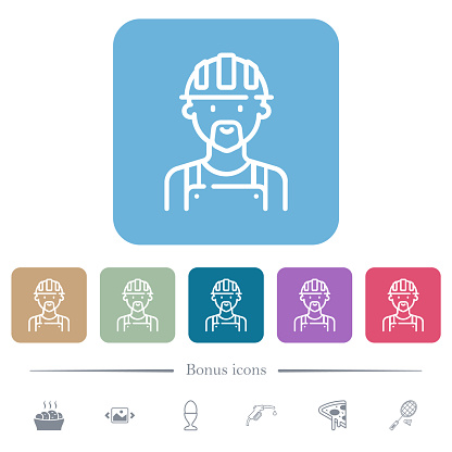Worker avatar outline white flat icons on color rounded square backgrounds. 6 bonus icons included