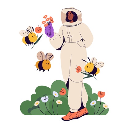 Honeybees fly, gather meadow flowers. Apiarist in protective suit walks with bees, collects plants, holds posy. Beekeeper care about apiary. Flat vector illustration isolated on white background.