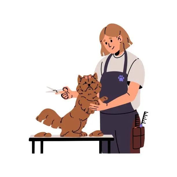 Vector illustration of Pet grooming service salon. Professional groomer cuts fur of fluffy dog with scissors. Girl cares about cute puppy. Woman does haircut to pup on table. Flat isolated vector illustration on white