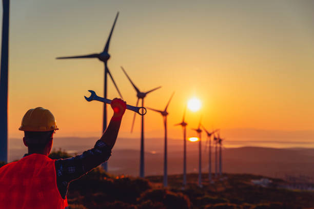 istock Worker looking at a field of wind turbines 2147686897