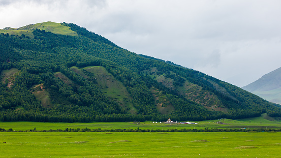 A natural landscape featuring a mountain in the background, a grassy field in the foreground, and Kochmon Ordo Ethno Complex Yurt Camp in Semenovka, Kyrgyzstan - July 5, 2023
