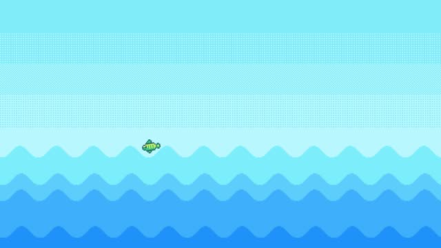 Animated pixel art sea waves background with fish jumping out of water. Looping animation.