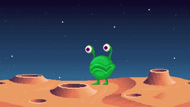 Looping animation of pixel art alien monster stands on planet surface with falling stars.