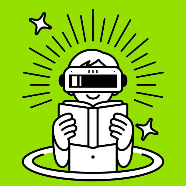 Vector illustration of A boy wearing a virtual reality headset or VR glasses pops out of a virtual hole and into the metaverse, he is happily reading a book, minimalist style, black and white outline