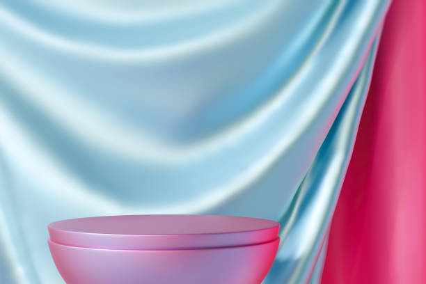 Luxurious holographic podium against draped satin background, ideal for showcasing cosmetics or jewelry in elegant marketing visuals and displays. Mock up. Copy space for product. Color gradient. 3D.