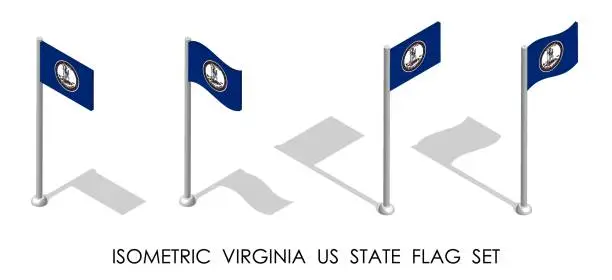 Vector illustration of Isometric Virginia US state in static position and in motion on flagpole. Virginia map pin mark. 3d vector isolated on white background