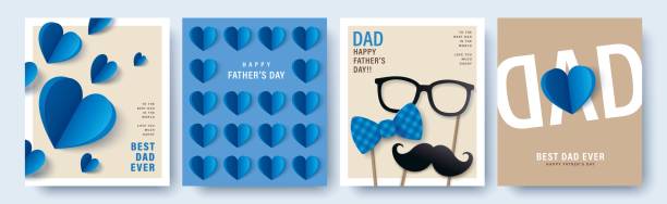 Happy Father's Day Set of 4 Father's Day greeting cards in modern paper cut style. Vector illustration for cover, poster, banner, flyer and social media. fathers day stock illustrations