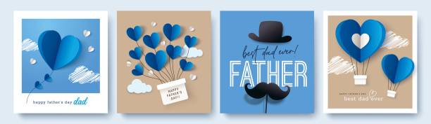 Happy Father's Day Set of 4 Father's Day greeting cards in modern paper cut style. Vector illustration for cover, poster, banner, flyer and social media. fathers day stock illustrations