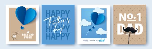 Happy Father's Day Set of 4 Father's Day greeting cards in modern paper cut style. Vector illustration for cover, poster, banner, flyer and social media. fathers day stock illustrations