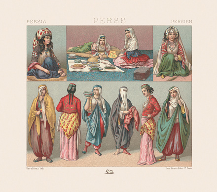 Traditional Persian women's clothing, top (left to right): Young Persian women from the Illiati tribe from the Varamin Plain (Iran), left and right; Lady from Tehran eating with a servant (cebter); Below: Persian women in street clothes (far left, middle (2x) and far right); Persian women in street clothes (far left, middle (2x) and far right) and in house dresses (second from left and right). Chromolithograph from the book 