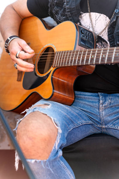 istock Guitarist with acoustic guitar playing with plectrum 2147690067