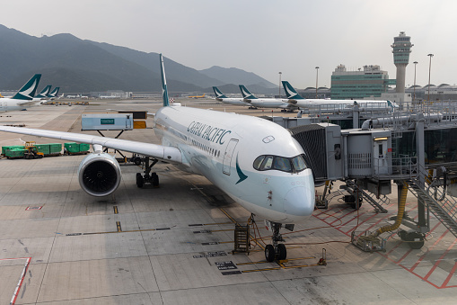 Hong Kong - March 28, 2024 : Cathay Pacific Airbus A350-900 aircraft at Hong Kong International Airport.