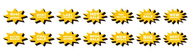 Vector illustration of Collection of starbust badge label for sale promotion. Yellow and Black sticker set with text.