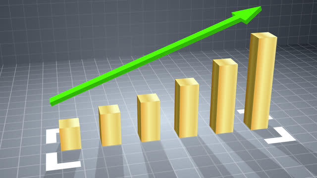 Golden 3d bar graph chart with up arrow, On the stock market,4k resolution.