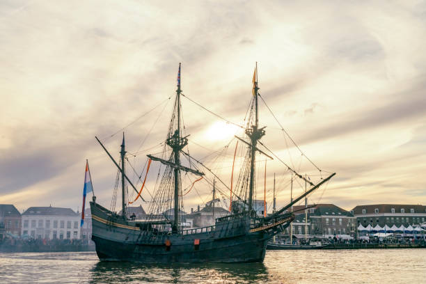 Old VOC sailing ship Halve Maen replica sailing on the river IJssel at the city of Kampen during the 2024 Sail Kampen event.  The Halve Maen was a trading ship of the Dutch East India Company (Dutch: Verenigde Oost-Indische Compagnie and sailed up the Hudson into what is now New York Harbor in 1609.