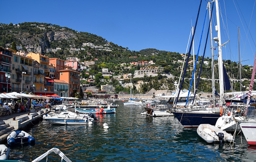 Villefranche-Sur-Mer, France - August 4 2019: Marina and Old Town,  daytime view