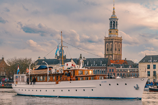 Classic Royal yacht Piet Hein sailing on the river IJssel during the 2024 Sail Kampen event. The Piet Hein was the national wedding gift to Princess Juliana of the Netherlands in 1937.