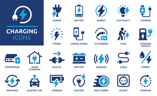 Containing charge, battery, energy, electricity, charger, recharge, electric car and charging station icons. Solid icon collection. Vector illustration.