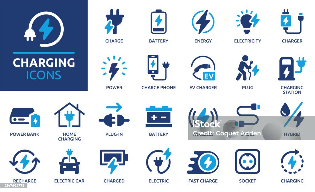 Charging icon set. Containing charge, battery, energy, electricity, charger, recharge, electric car and charging station icons. Solid icon collection. Vector illustration. Icon Symbol stock vector Charging icon set. Containing charge, battery, energy, electricity, charger, recharge, electric car and charging station icons. Solid icon collection. Vector illustration. Icon Symbol stock vector