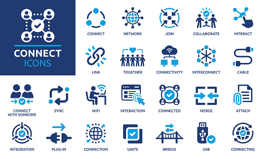 Containing network, join, collaboration, connectivity, interaction, cable, integration and connection icons. Solid icon collection.
