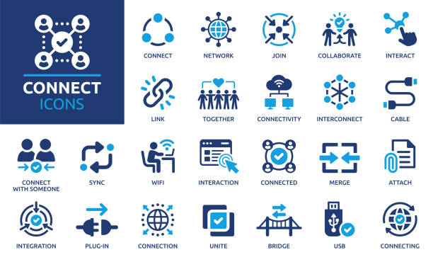 Connect icon set. Containing network, join, collaboration, connectivity, interaction, cable, integration and connection icons. Solid icon collection. unity stock illustrations