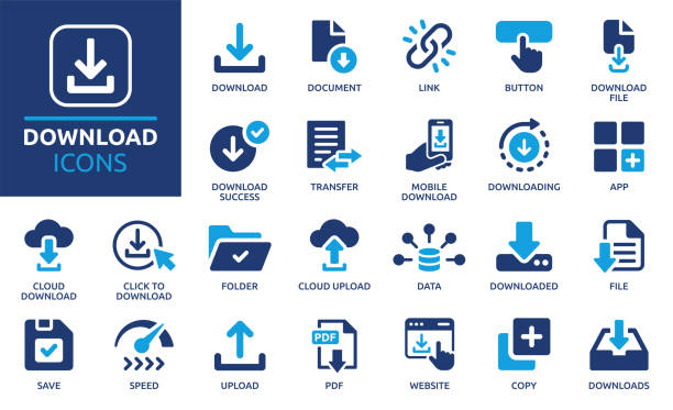 Download icon set. Containing upload, document, link, download file, folder, data and PDF icons. Solid icon collection. Vector illustration. data icons solid stock illustrations