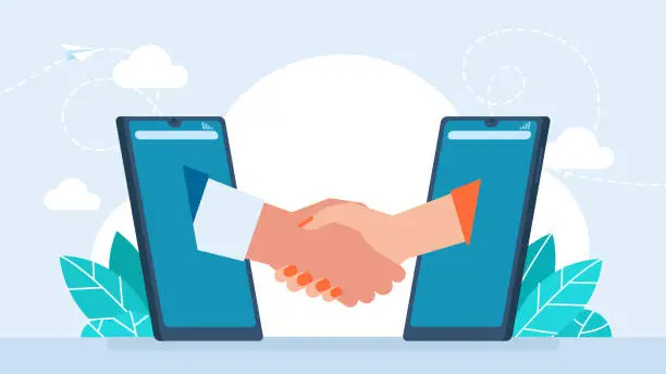 Vector illustration of Online Communication. Mobile male and female deal, commercial business agreement. Businesspersons shaking hands through display phone. Contract signing, handshake via smartphone. Vector illustration