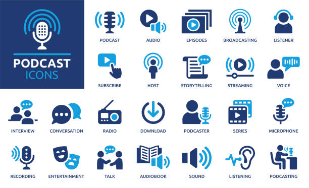 illustrazioni stock, clip art, cartoni animati e icone di tendenza di raccolta di icone per podcast. - sentire