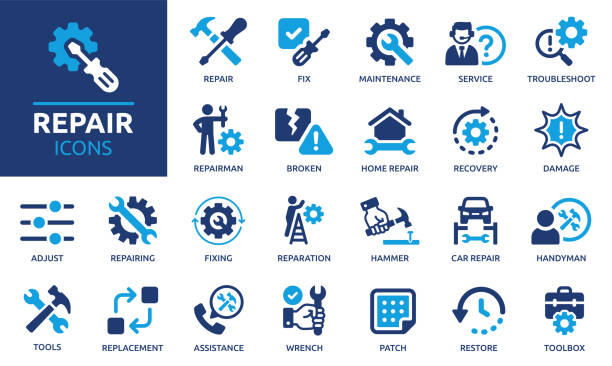Repair icon set. Containing fix, maintenance, toolbox, assistance, broken, troubleshoot, patch and repairman service icons. Solid icon collection. Vector illustration. service stock illustrations