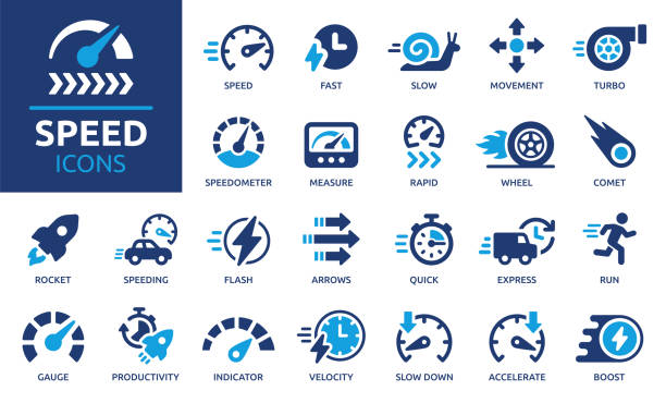 Containing fast, slow, movement, productivity, indicator, turbo, speeding, gauge, express and speedometer icons. Solid icon collection. Vector illustration.