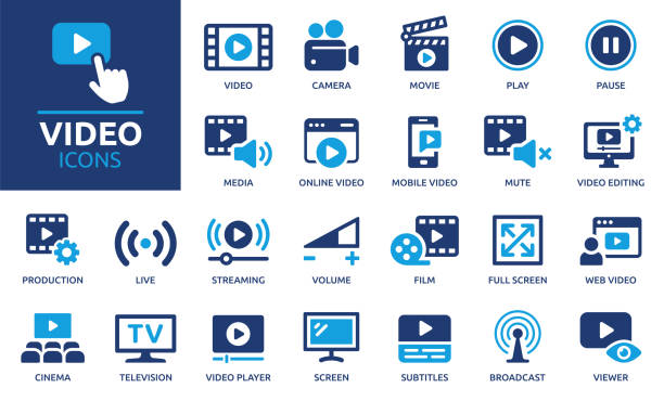 Containing camera, play, pause, media, online video, live, production, player, movie and cinema icons. Solid icon collection.