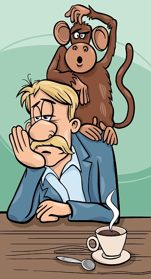 Cartoon humorous concept illustration of monkey on your back saying or proverb