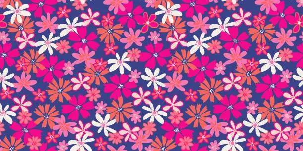 Vector illustration of Colorful seamless pattern with abstract shapes groovy flowers. Vector hand drawn. Cute ditsy floral printing on a blue background. Template for designs, notebook cover, childish textiles
