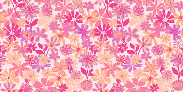 Colorful pink cute seamless pattern with abstract creative groovy flowers. Vector hand drawn sketch shapes, ditsy meadow. Template for designs, notebook cover, childish textiles