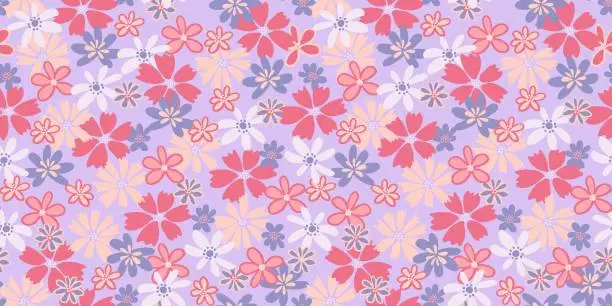 Vector illustration of Abstract creative groovy flowers seamless pattern on a purple background. Vector hand drawn shapes, ditsy meadow. Pastel cute floral print. Template for designs, notebook cover, childish textiles