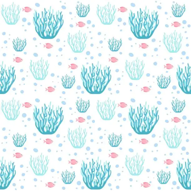 Vector illustration of Cute marine seamless pattern in cartoon style. Illustration of starfish, fish and coral in flat design.