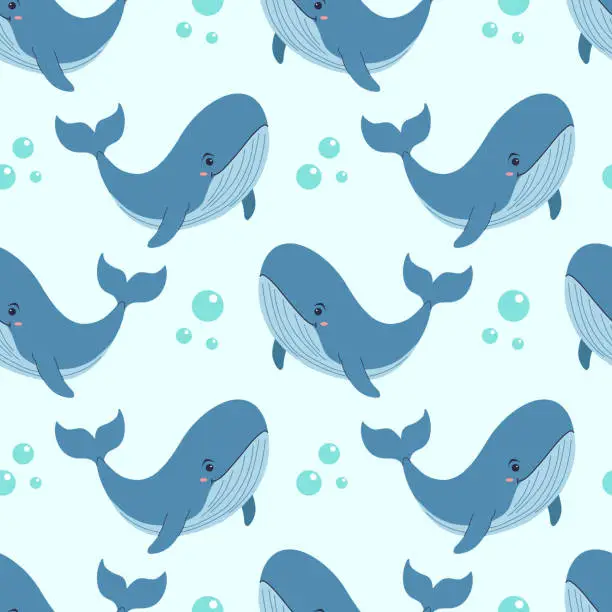 Vector illustration of Seamless pattern with whale and bubbles, for children. For textile design, wallpaper, wrapping paper, scrubbing, children's parties. Vector illustration of flat.