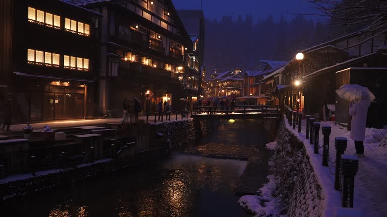 Tilt up of Ginzan onsen village in winter