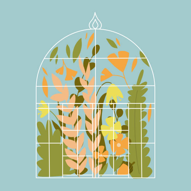 Illustration of a greenhouse with flower and leaves. Concept a backyard and gardening. Glass pavilion.