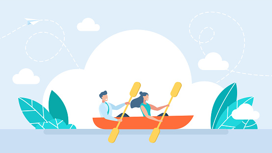 Man and woman rowing a boat. Business man and woman collaborate on tasks. Couple in a canoe rowing oars along the river. Vector cartoon funny illustration